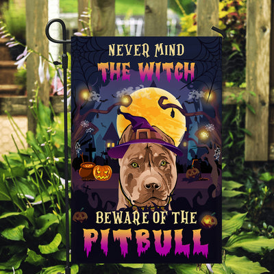 Never Mind The Witch Beware Of The Pitbull Flag Funny Halloween For Dog Lovers Flag | Teecentury.com