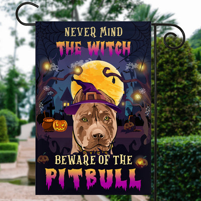 Never Mind The Witch Beware Of The Pitbull Flag Funny Halloween For Dog Lovers Flag | Teecentury.com