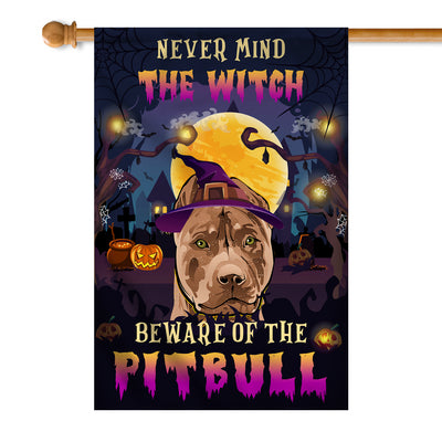 Never Mind The Witch Beware Of The Pitbull Flag Funny Halloween For Dog Lovers Flag | Teecentury.com