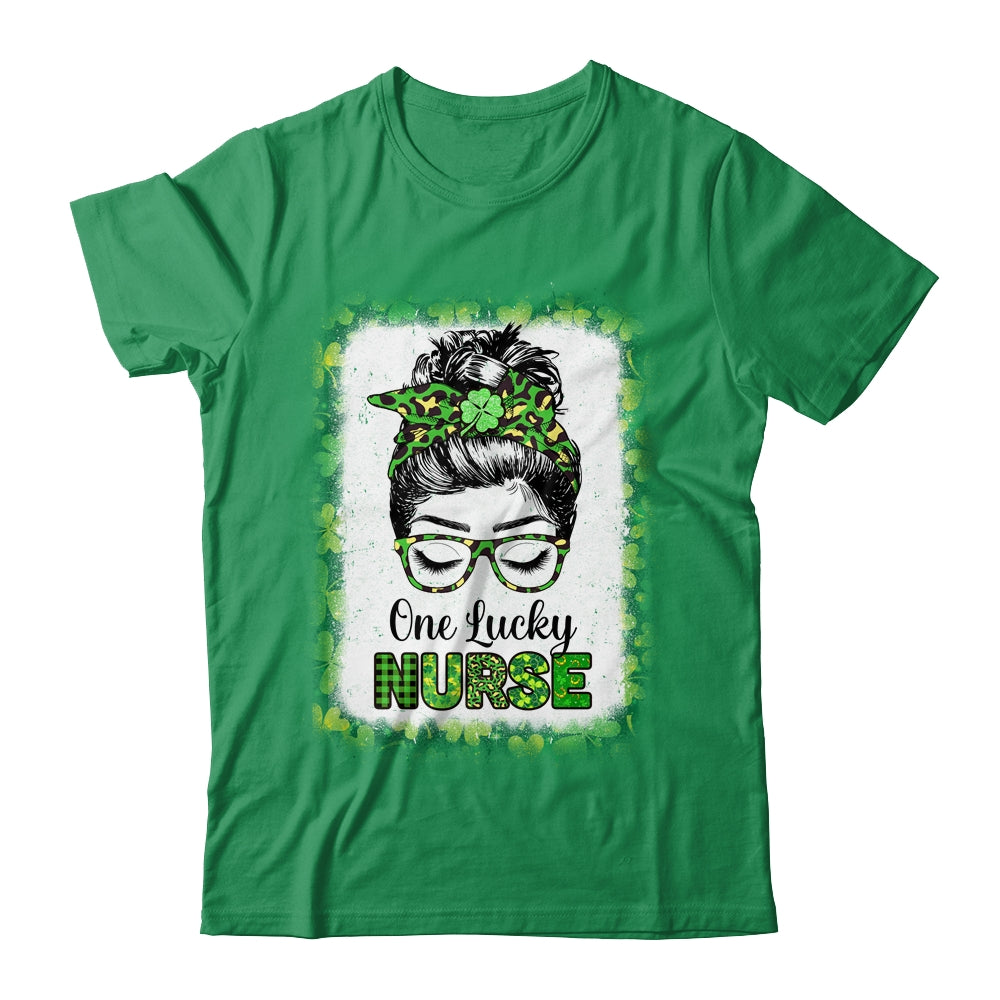 One Lucky Nurse Bleached Messy Bun Leopard St Patricks Day T-Shirt & Hoodie | Teecentury.com