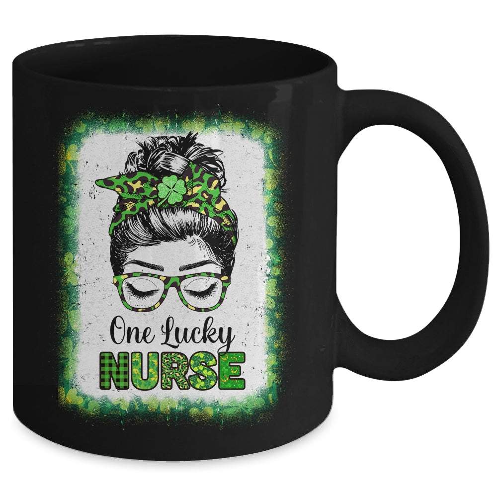 One Lucky Nurse Bleached Messy Bun Leopard St Patricks Day Mug Coffee Mug | Teecentury.com