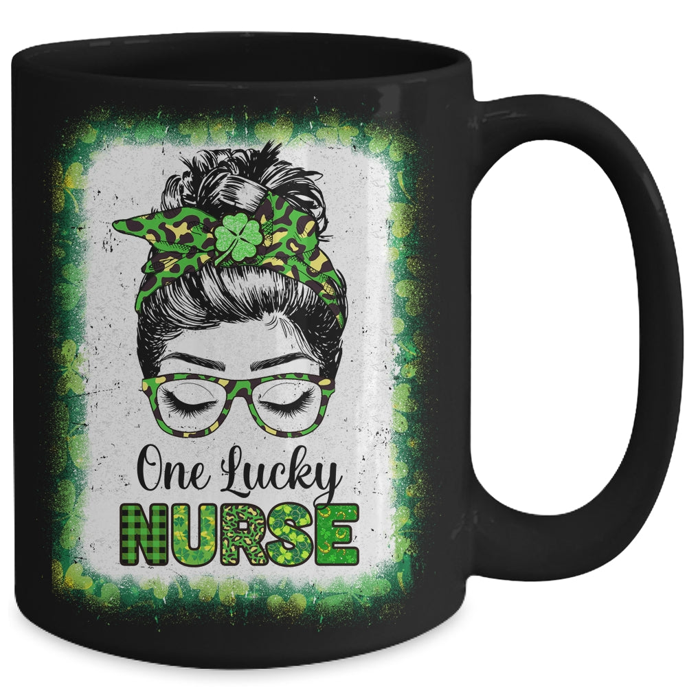 One Lucky Nurse Bleached Messy Bun Leopard St Patricks Day Mug Coffee Mug | Teecentury.com