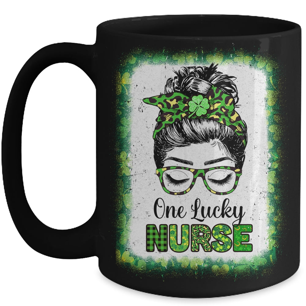 One Lucky Nurse Bleached Messy Bun Leopard St Patricks Day Mug Coffee Mug | Teecentury.com