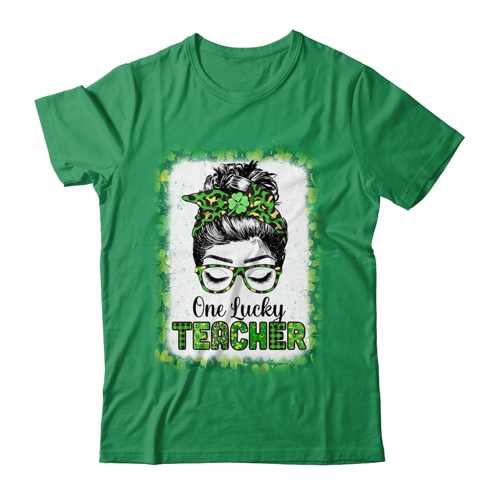 One Lucky Teacher Bleached Messy Bun Leopard St Patricks Day T-Shirt & Hoodie | Teecentury.com