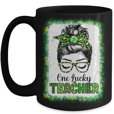 One Lucky Teacher Bleached Messy Bun Leopard St Patricks Day Mug Coffee Mug | Teecentury.com