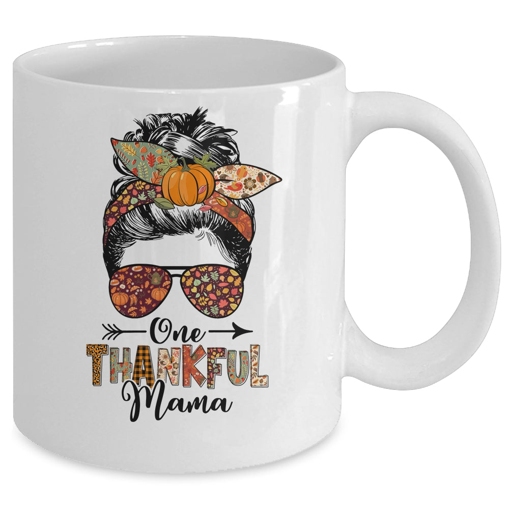 One Thankful Mama Funny Messy Bun Fall Autumn Thanksgiving Mug | teecentury