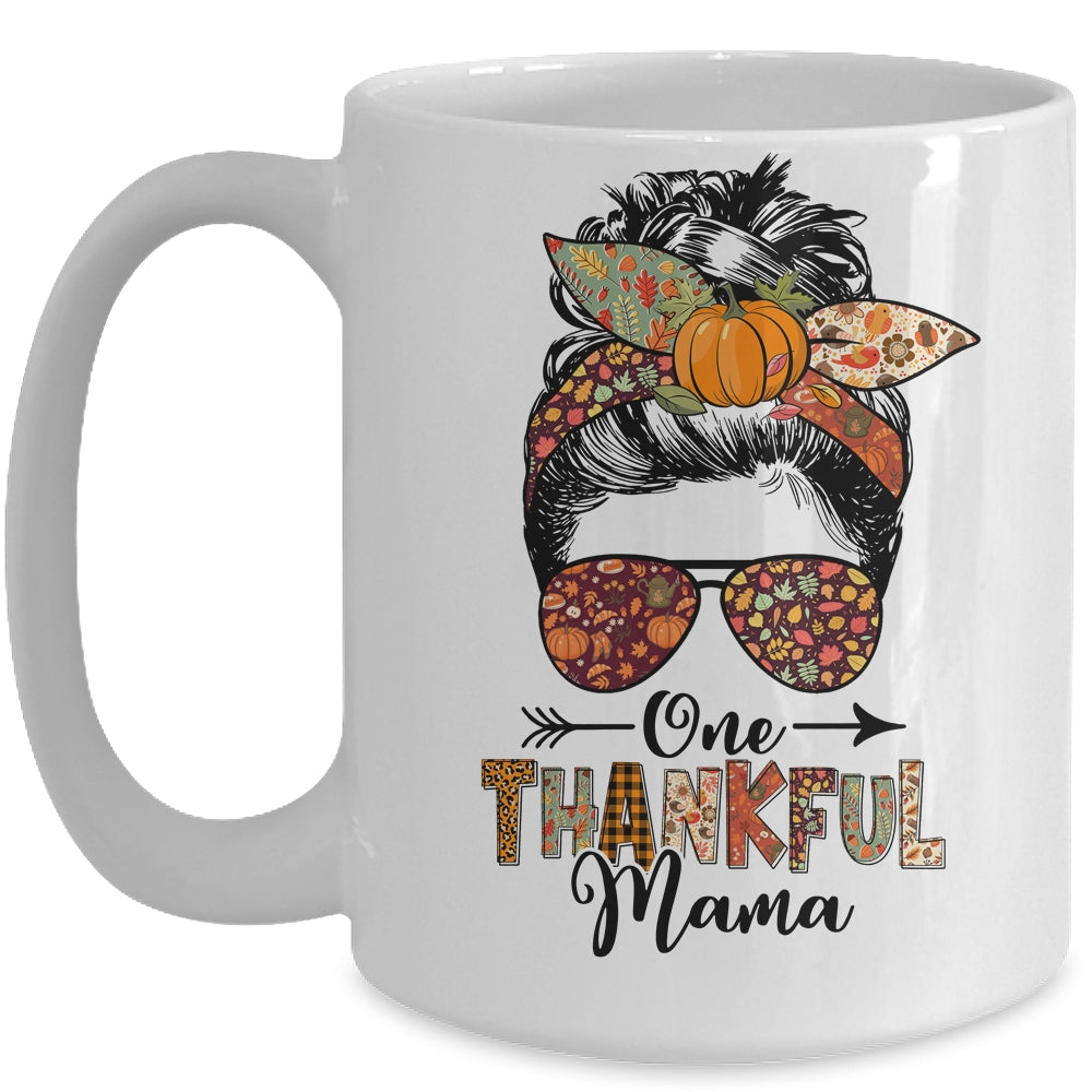One Thankful Mama Funny Messy Bun Fall Autumn Thanksgiving Mug | teecentury