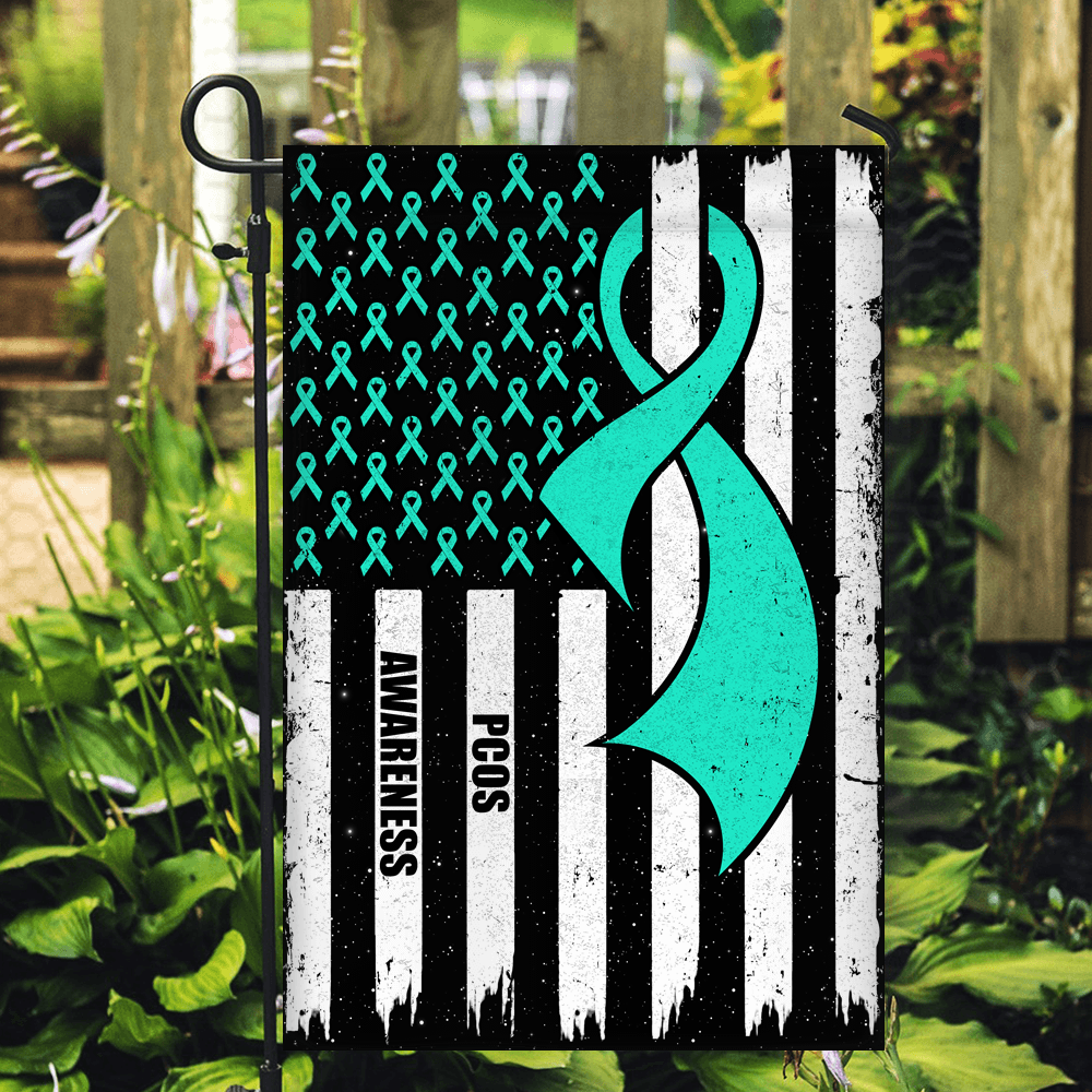 PCOS Awareness America Flag Teal Ribbon Flag | Teecentury.com