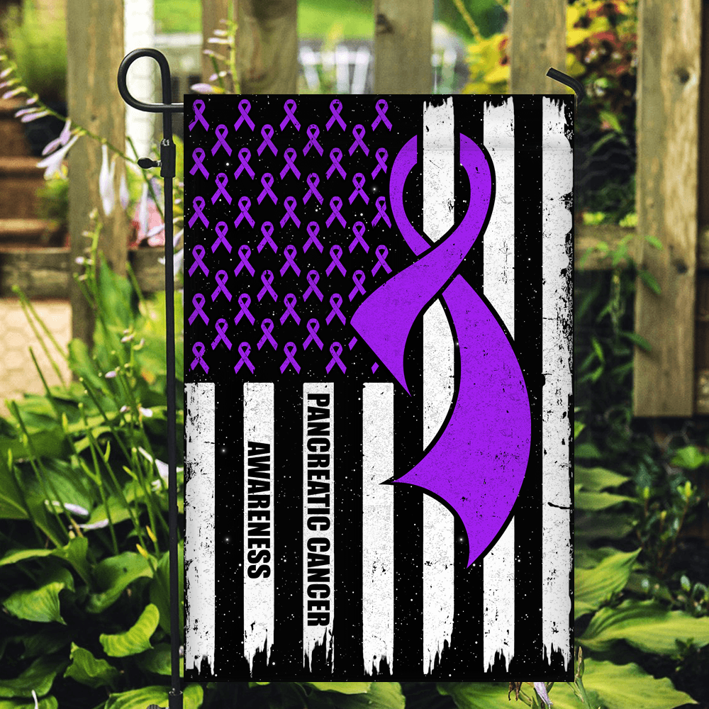 Pancreatic Cancer Awareness America Flag Purple Ribbon Flag | Teecentury.com