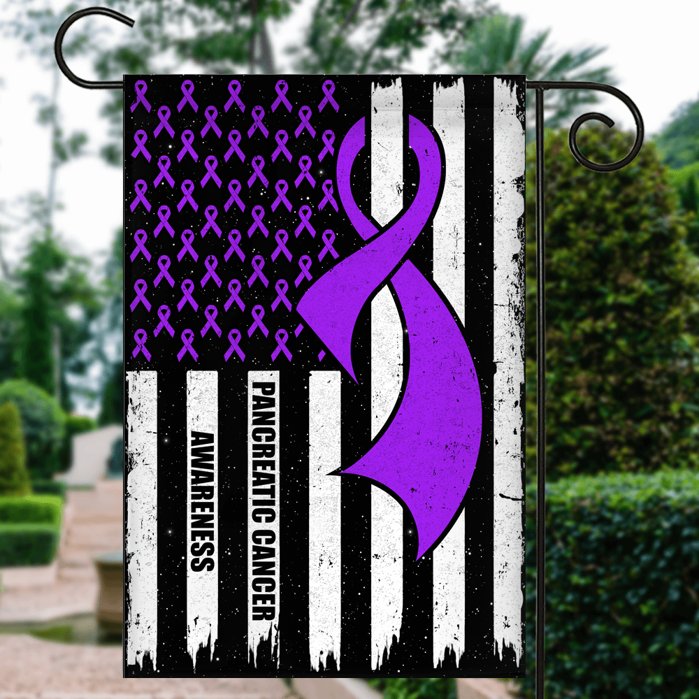Pancreatic Cancer Awareness America Flag Purple Ribbon Flag | Teecentury.com