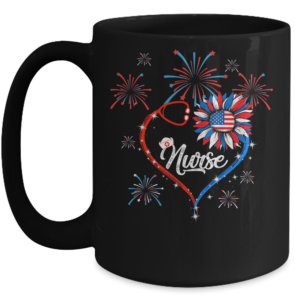 Patriotic Nurse 4th Of July American Flag Sunflower Heart Mug Coffee Mug | Teecentury.com