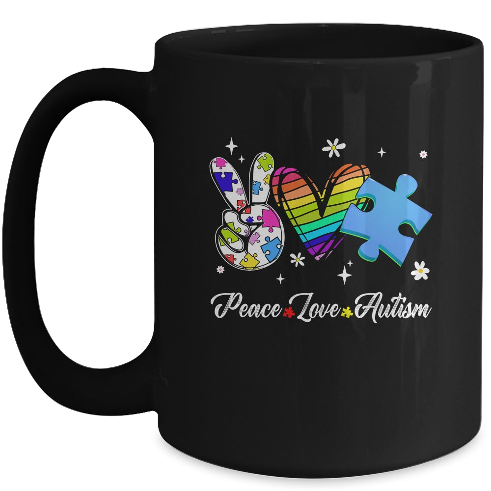 Peace Love Autism Puzzle In April We Wear Blue For Autism Mug | teecentury