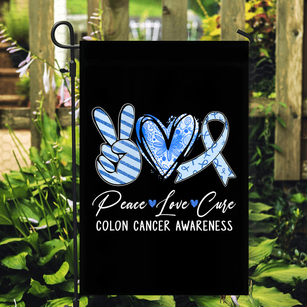 Peace Love Cure Blue Ribbon Colon Cancer Awareness Flag | teecentury