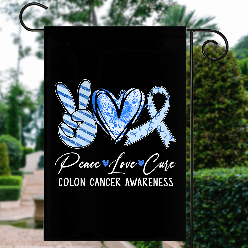 Peace Love Cure Blue Ribbon Colon Cancer Awareness Flag | teecentury