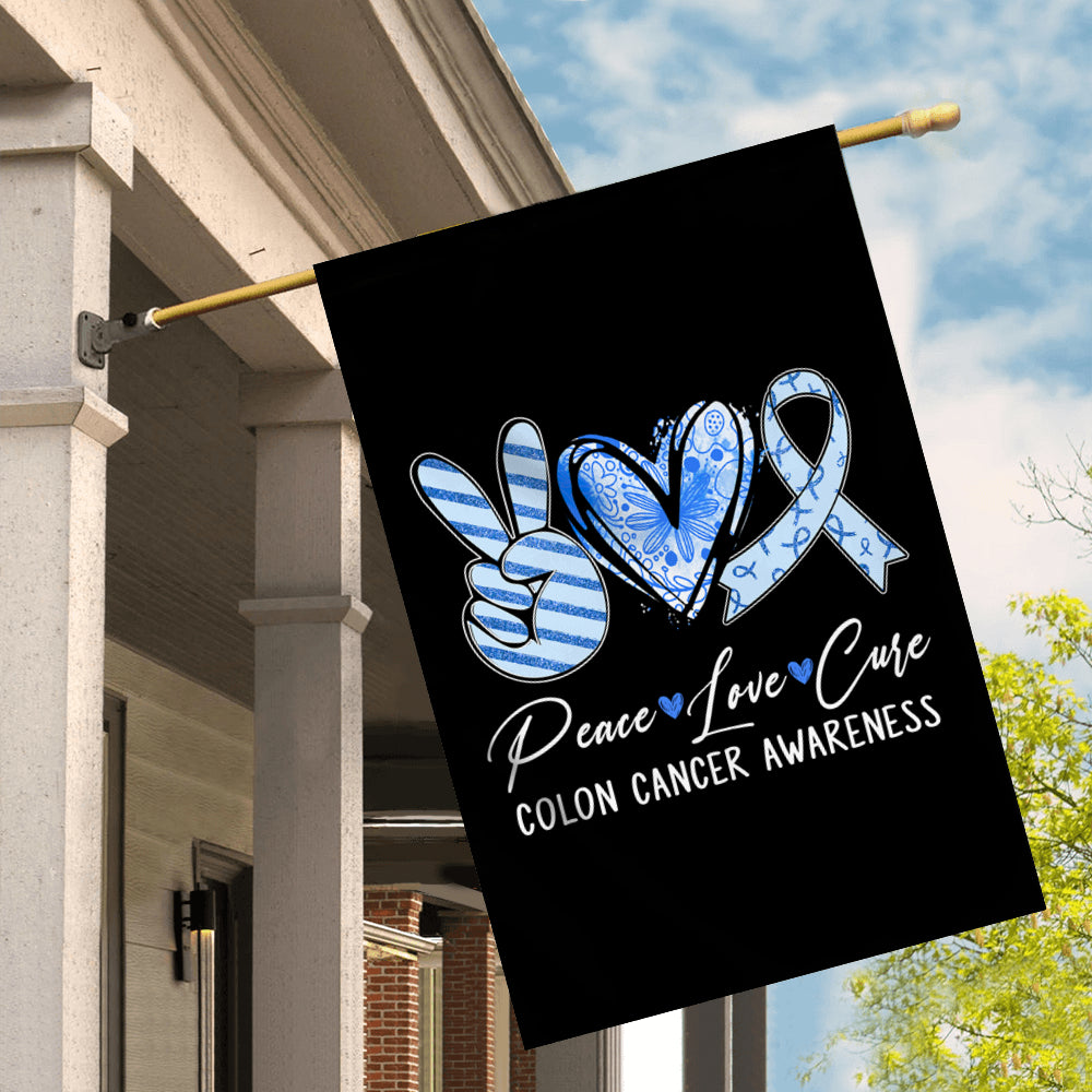 Peace Love Cure Blue Ribbon Colon Cancer Awareness Flag | teecentury
