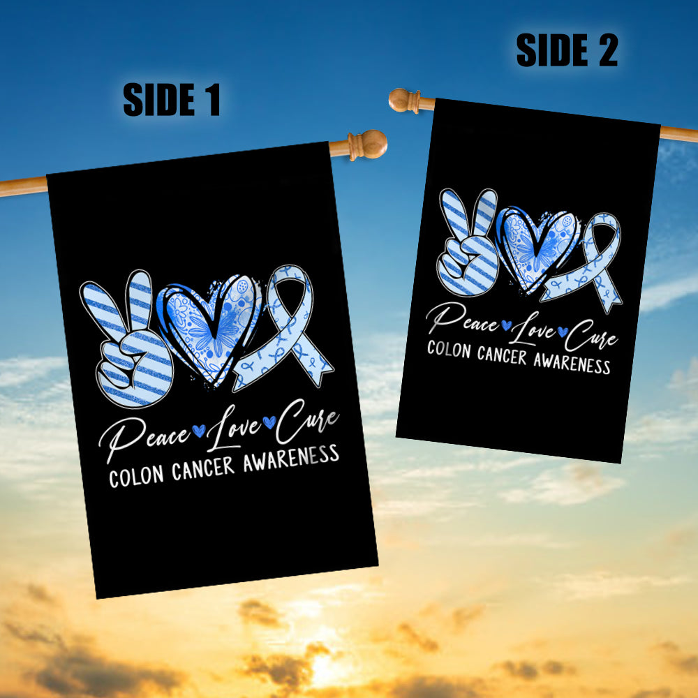 Peace Love Cure Blue Ribbon Colon Cancer Awareness Flag | teecentury