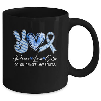 Peace Love Cure Blue Ribbon Colon Cancer Awareness Mug | teecentury