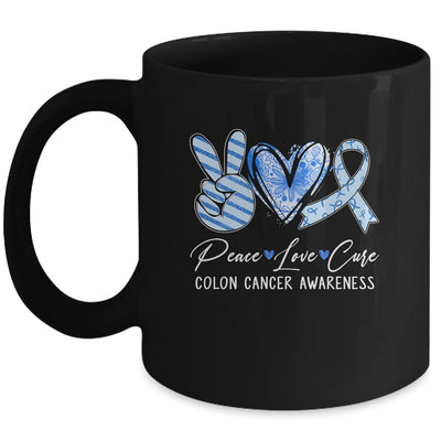 Peace Love Cure Blue Ribbon Colon Cancer Awareness Mug | teecentury