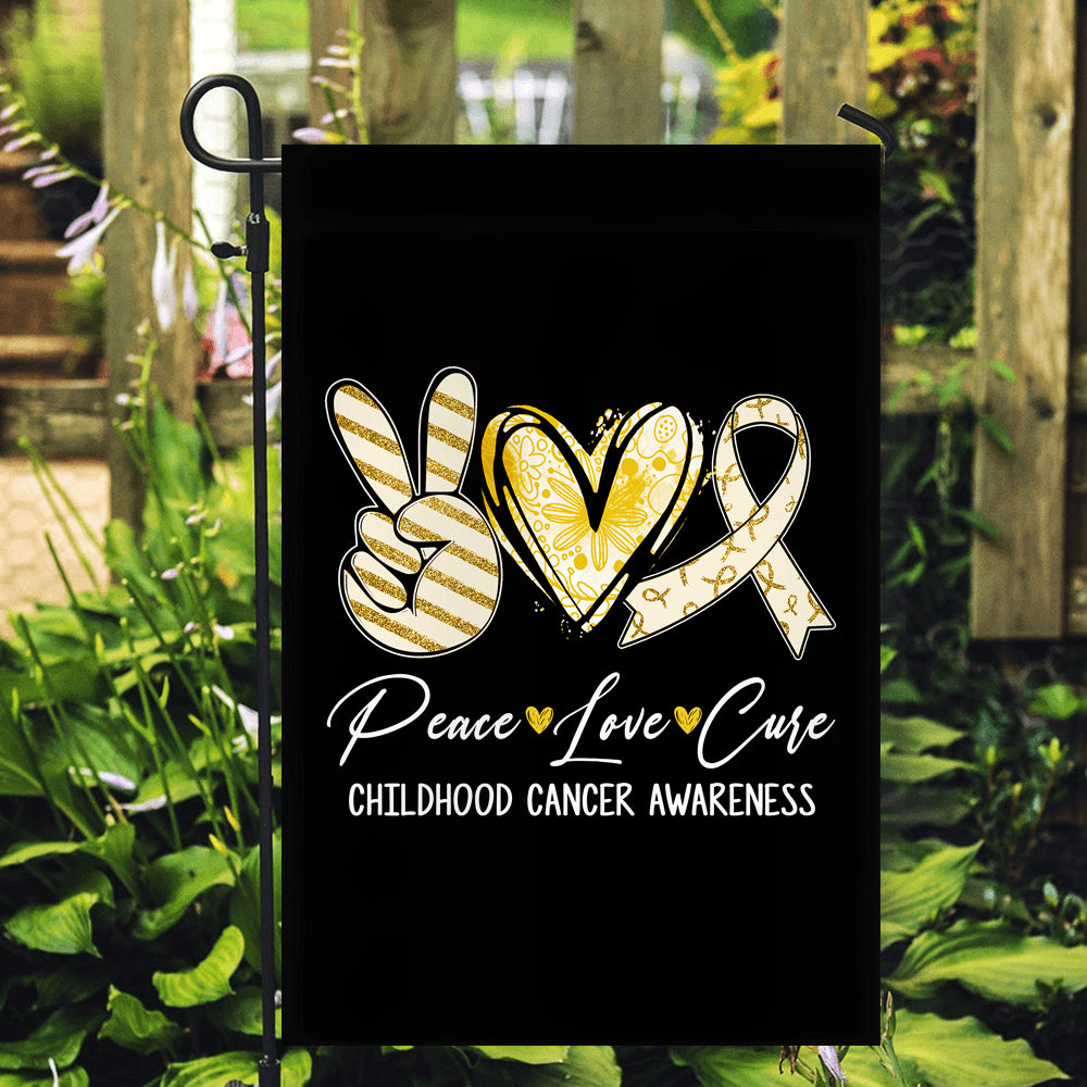 Peace Love Cure Gold Ribbon Childhood Cancer Awareness Flag | teecentury