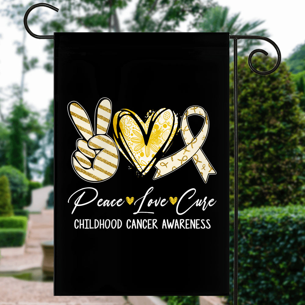 Peace Love Cure Gold Ribbon Childhood Cancer Awareness Flag | teecentury