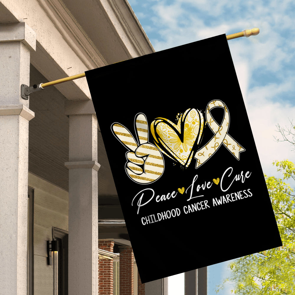 Peace Love Cure Gold Ribbon Childhood Cancer Awareness Flag | teecentury