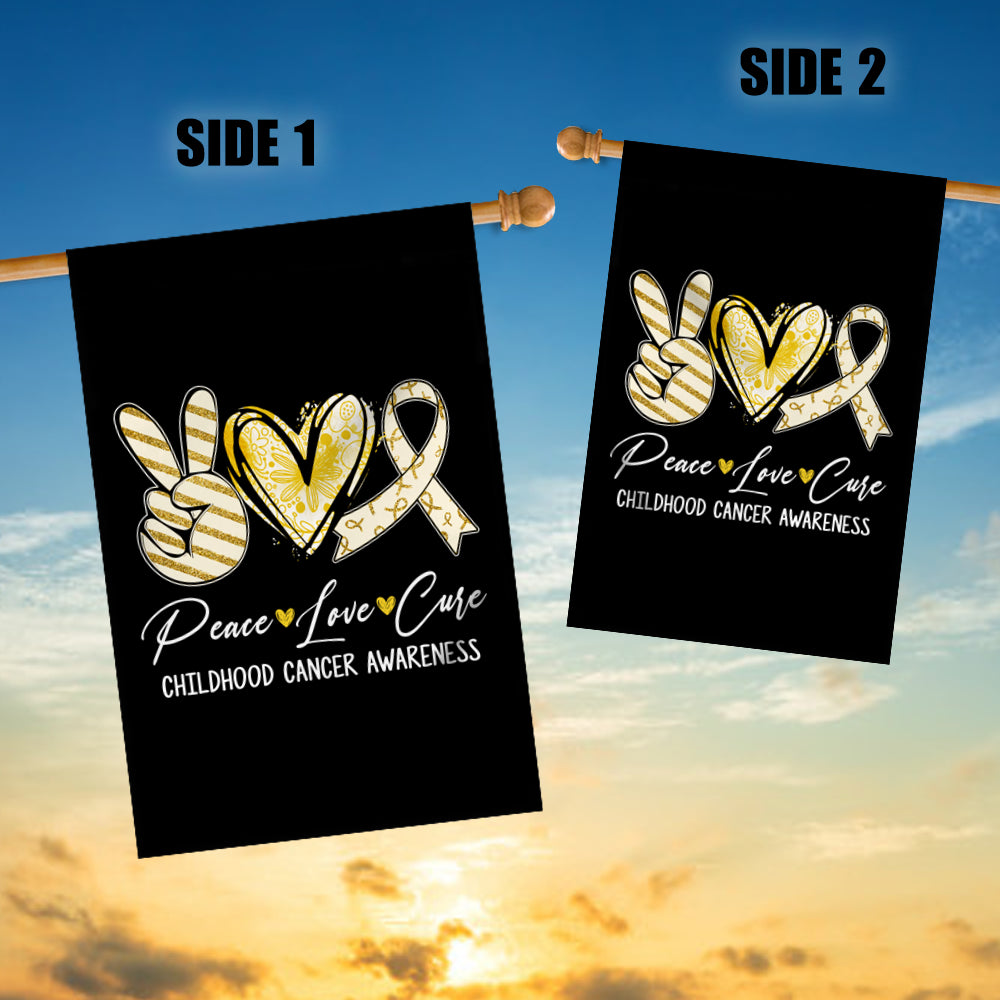 Peace Love Cure Gold Ribbon Childhood Cancer Awareness Flag | teecentury