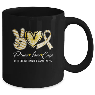 Peace Love Cure Gold Ribbon Childhood Cancer Awareness Mug | teecentury