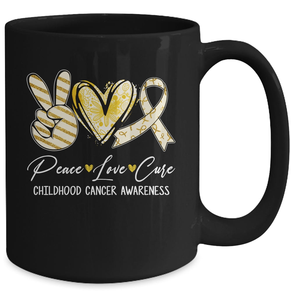 Peace Love Cure Gold Ribbon Childhood Cancer Awareness Mug | teecentury