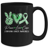 Peace Love Cure Green Ribbon Lymphoma Cancer Awareness Mug | teecentury