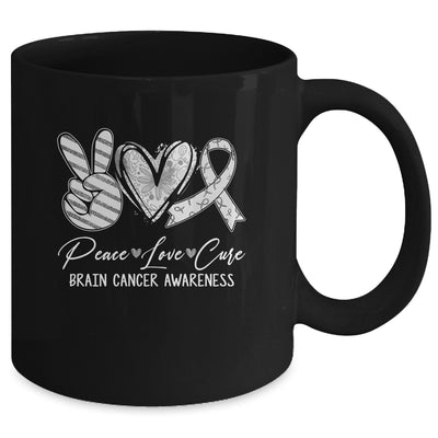Peace Love Cure Grey Ribbon Brain Cancer Awareness Mug | teecentury