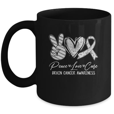 Peace Love Cure Grey Ribbon Brain Cancer Awareness Mug | teecentury