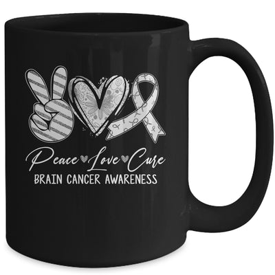 Peace Love Cure Grey Ribbon Brain Cancer Awareness Mug | teecentury