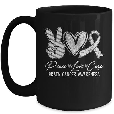 Peace Love Cure Grey Ribbon Brain Cancer Awareness Mug | teecentury