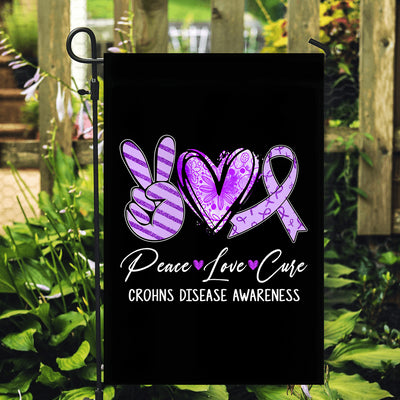 Peace Love Cure Purple Ribbon Crohns Disease Awareness Flag | teecentury