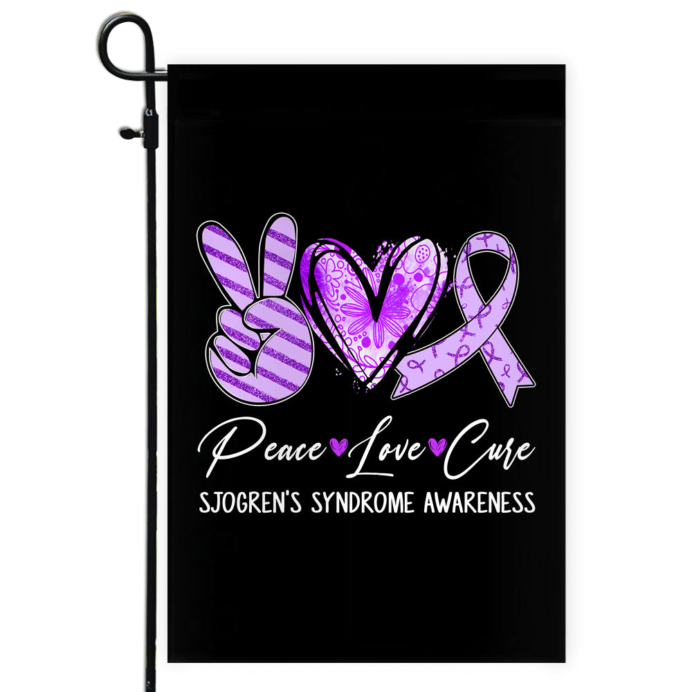 Peace Love Cure Purple Ribbon Sjogren's Syndrome Awareness Flag | teecentury