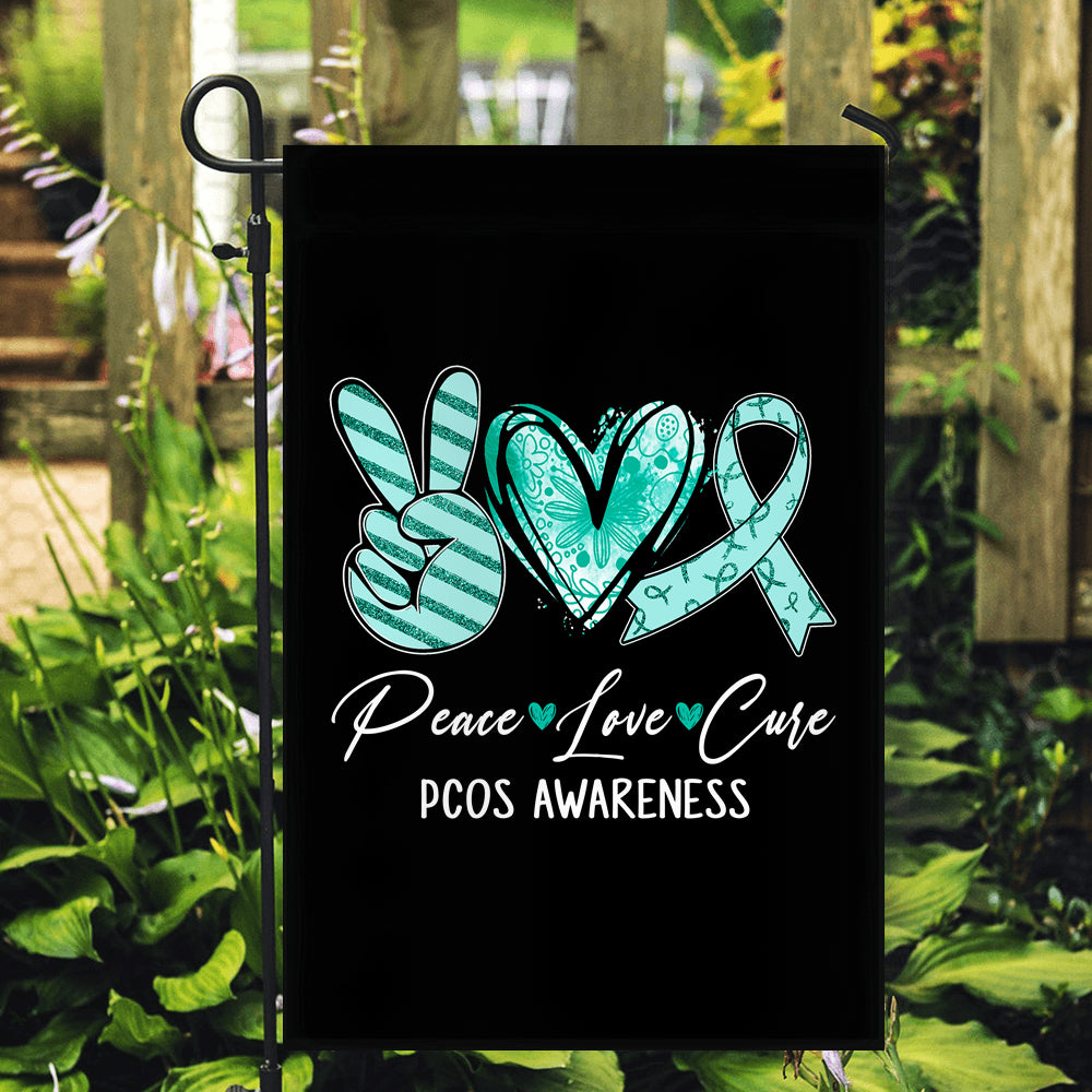 Peace Love Cure Teal Ribbon PCOS Awareness Flag | teecentury