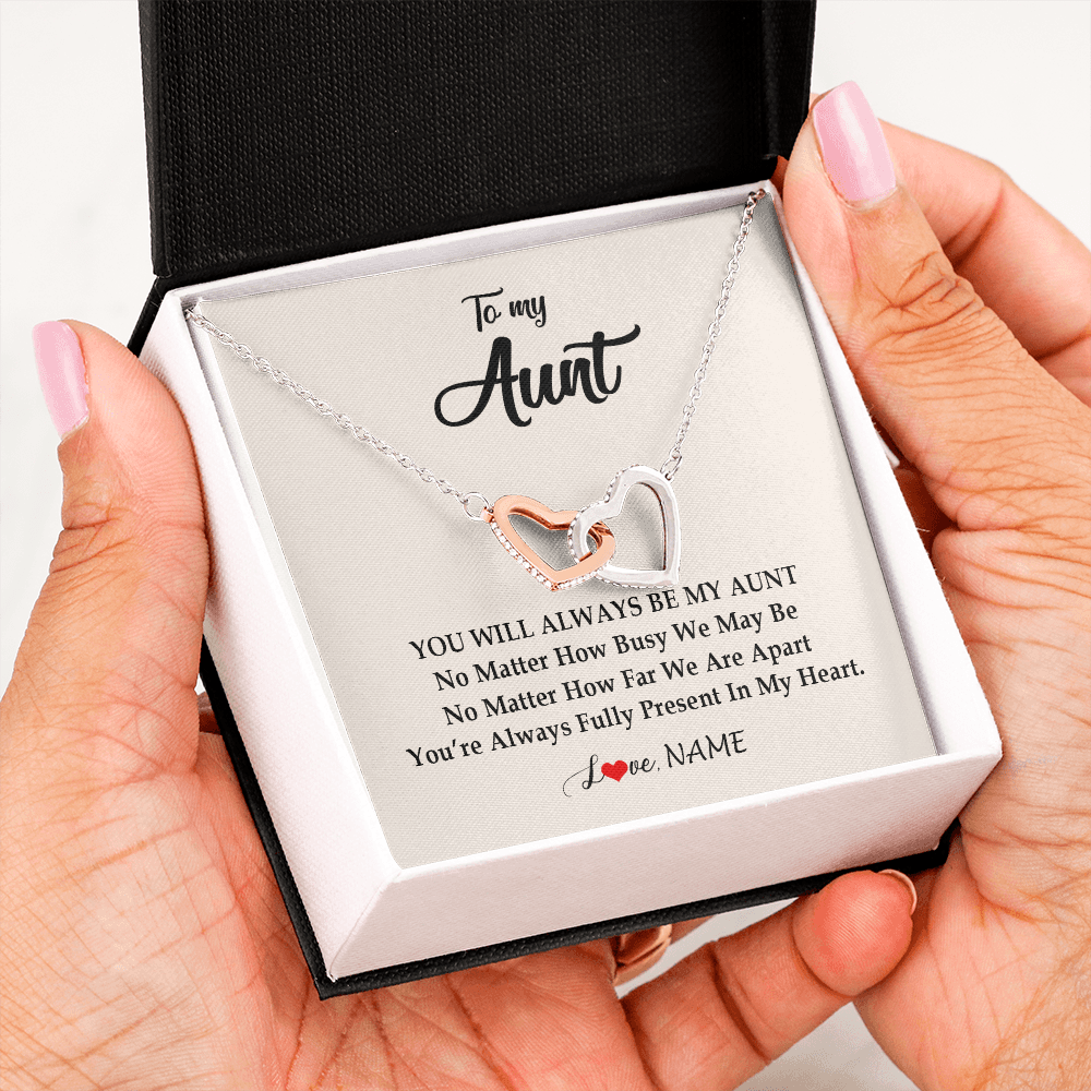 Interlocking Hearts Necklace | Personalized Aunt Necklace From Niece Nephew You're Always In My Heart Aunt Birthday Mothers Day Christmas Jewelry Pendant Customized Gift Box Message Card | teecentury