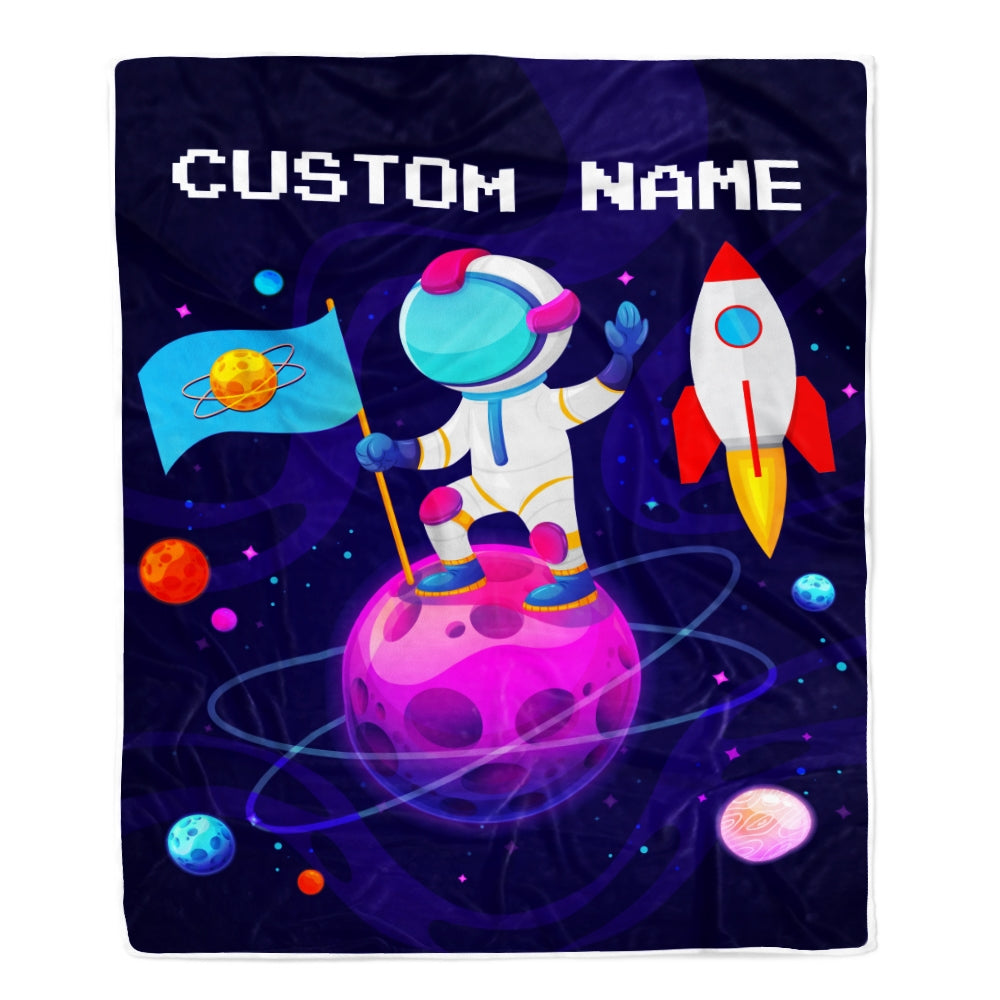 Personalized Baby Blanket Boy with Name Custom Astronaut Outer Space Rocket Ship Newborn Kids Son Grandson Nephew Birthday Christmas Customized Fleece Blanket Blanket | Teecentury.com