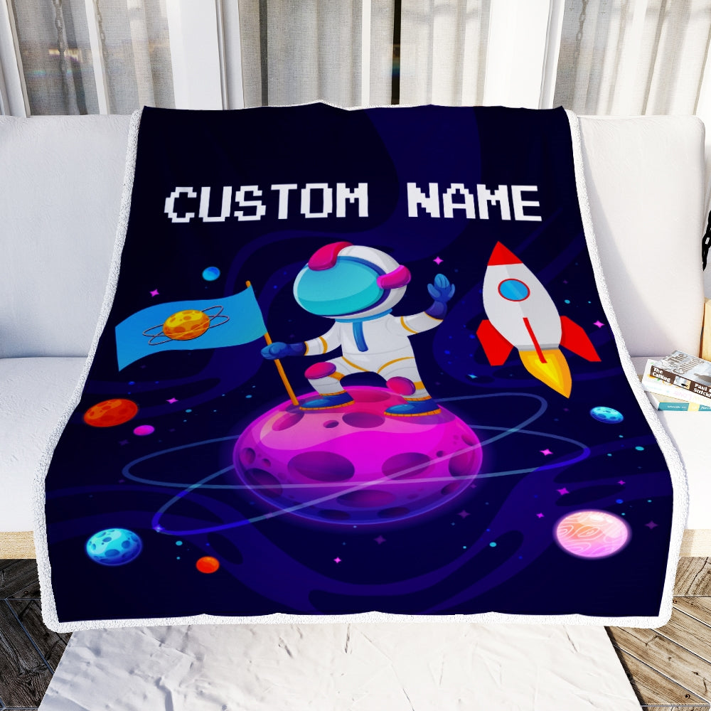 Personalized Baby Blanket Boy with Name Custom Astronaut Outer Space Rocket Ship Newborn Kids Son Grandson Nephew Birthday Christmas Customized Fleece Blanket Blanket | Teecentury.com