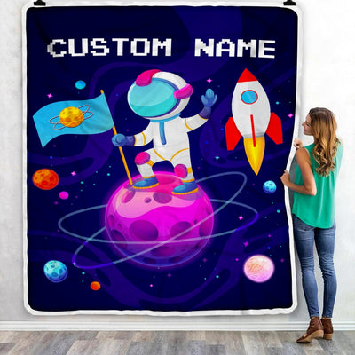 Personalized Baby Blanket Boy with Name Custom Astronaut Outer Space Rocket Ship Newborn Kids Son Grandson Nephew Birthday Christmas Customized Fleece Blanket Blanket | Teecentury.com