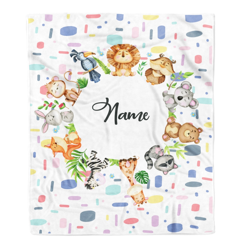 Personalized Baby Blanket Custom Name Circle Animal for Newborn Boy Girl Son Daughter Grandson Granddaughter Niece Nephew Birthday Christmas Fleece Blanket Blanket | Teecentury.com