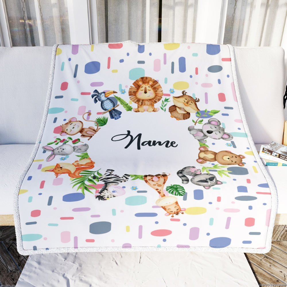 Personalized Baby Blanket Custom Name Circle Animal for Newborn Boy Girl Son Daughter Grandson Granddaughter Niece Nephew Birthday Christmas Fleece Blanket Blanket | Teecentury.com