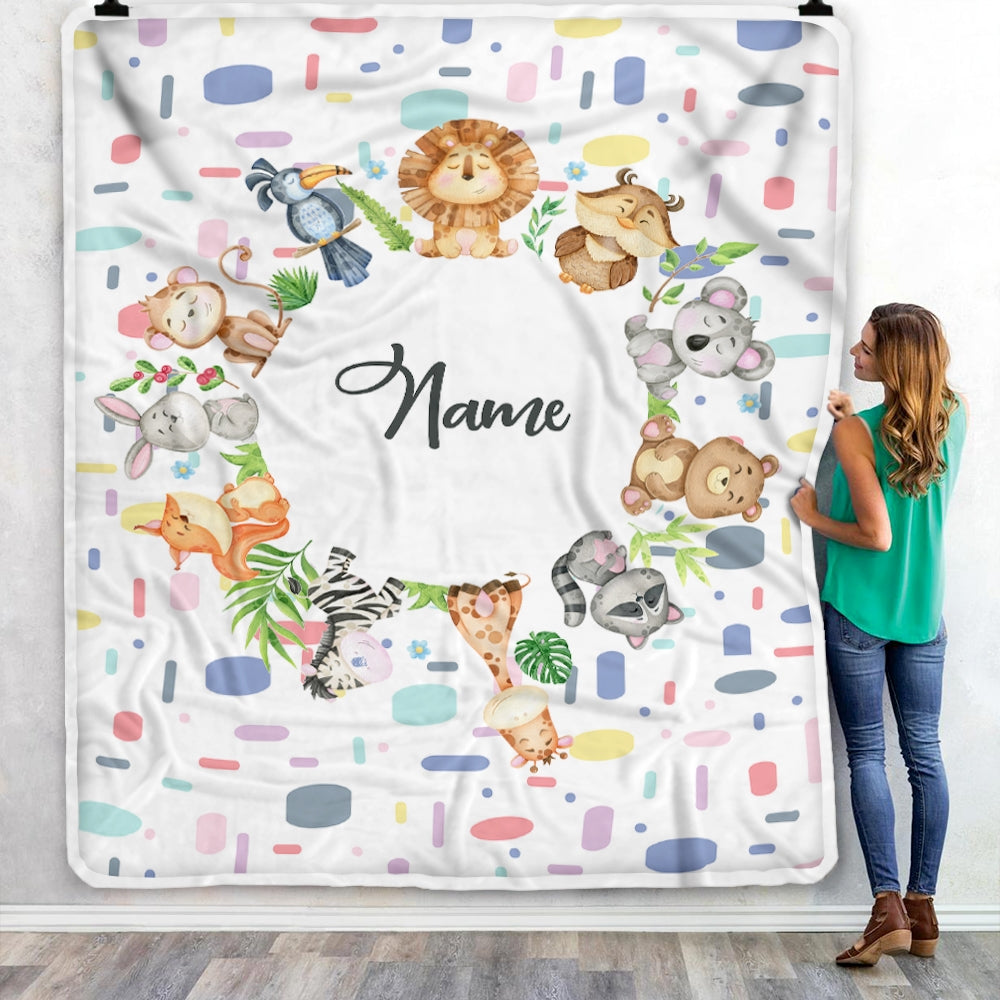 Personalized Baby Blanket Custom Name Circle Animal for Newborn Boy Girl Son Daughter Grandson Granddaughter Niece Nephew Birthday Christmas Fleece Blanket Blanket | Teecentury.com