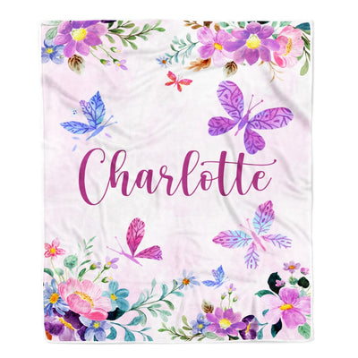 Personalized Baby Blanket Custom With Name For Girl Butterfly Purle Flower Kid Daughter Granddaughter Niece Birthday Customized Christmas Fleece Blanket Blanket | Teecentury.com