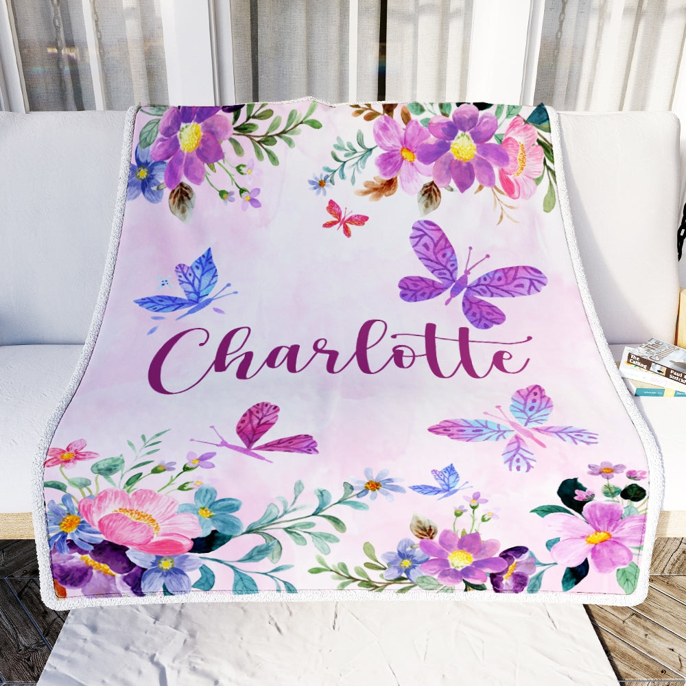 Personalized Baby Blanket Custom With Name For Girl Butterfly Purle Flower Kid Daughter Granddaughter Niece Birthday Customized Christmas Fleece Blanket Blanket | Teecentury.com