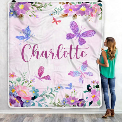 Personalized Baby Blanket Custom With Name For Girl Butterfly Purle Flower Kid Daughter Granddaughter Niece Birthday Customized Christmas Fleece Blanket Blanket | Teecentury.com
