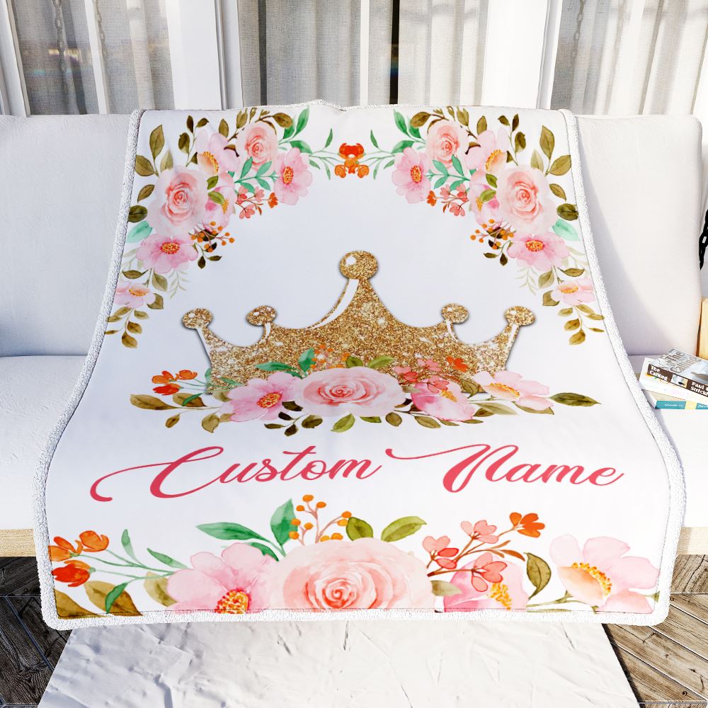 Personalized Baby Blanket With Custom Name Newborn Flower Crown For Girl Daughter Niece Granddaughter Birthday Christmas Customized Bed Fleece Throw Blanket | teecentury