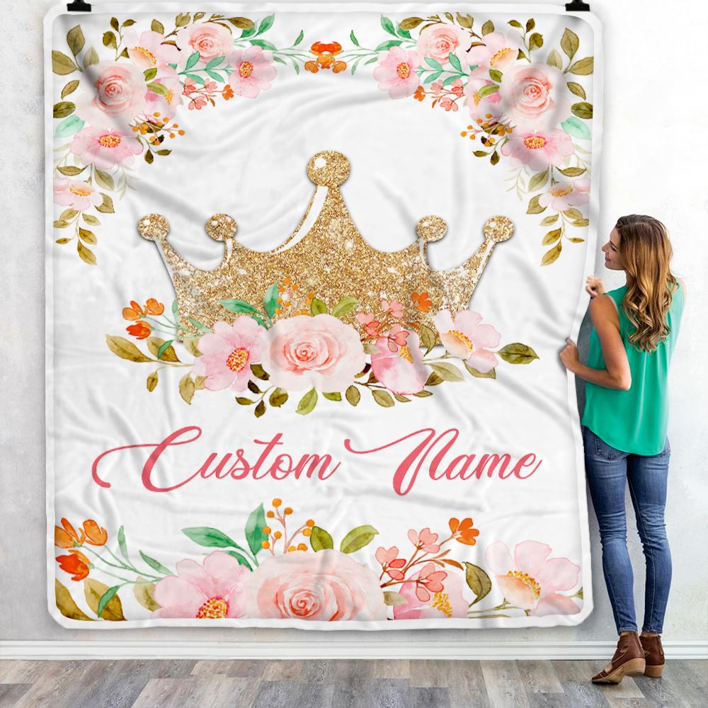 Personalized Baby Blanket With Custom Name Newborn Flower Crown For Girl Daughter Niece Granddaughter Birthday Christmas Customized Bed Fleece Throw Blanket | teecentury
