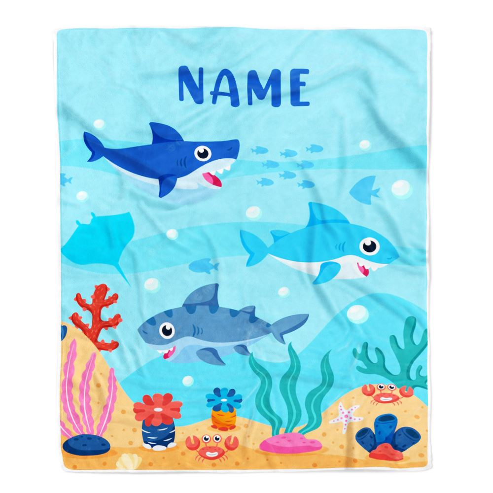 Personalized Baby Blanket With Custom Name Ocean Cute Shark for Baby Girls Boys Kids Newborn Daughter Granddaughter Niece Birthday Bed Fleece Throw Blanket | teecentury