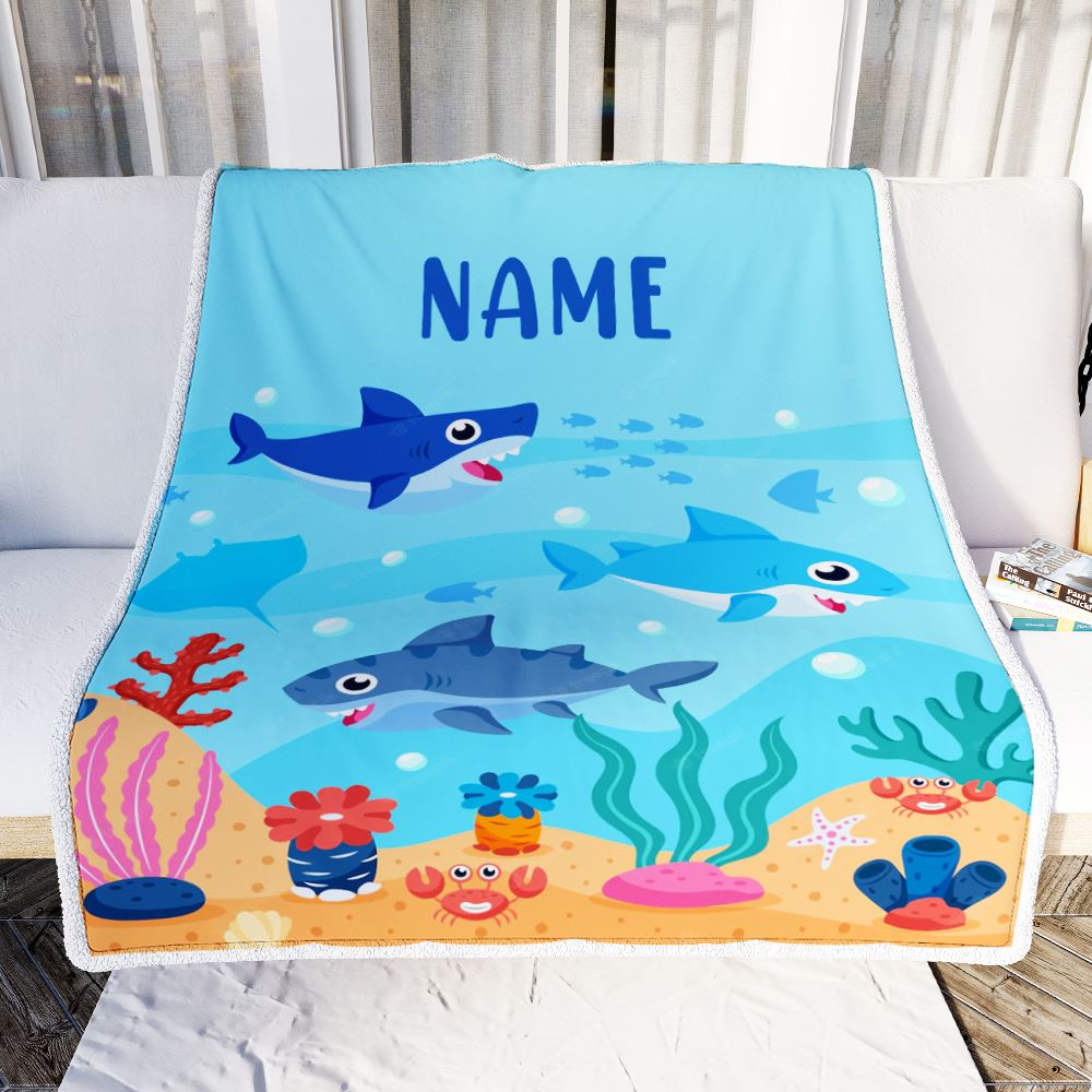 Personalized Baby Blanket With Custom Name Ocean Cute Shark for Baby Girls Boys Kids Newborn Daughter Granddaughter Niece Birthday Bed Fleece Throw Blanket | teecentury